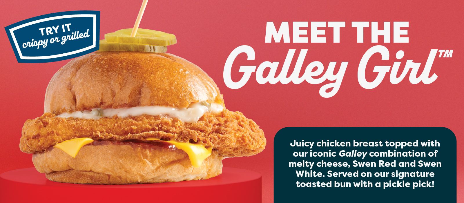 New Galley Girl sandwich with chicken breast, red sauce, white sauce, cheese on a bun with toothpick and pickles on top